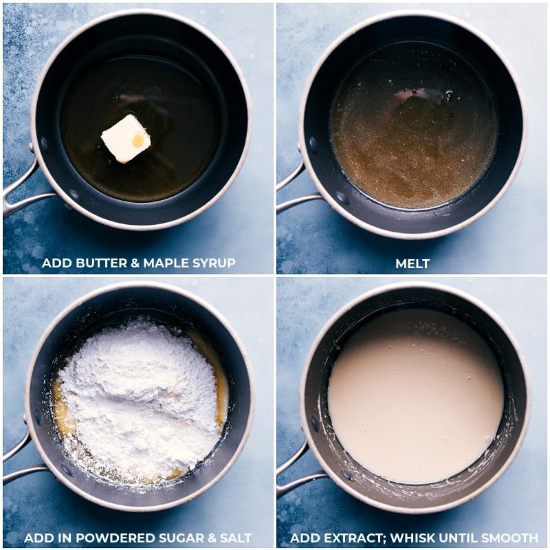 he icing being whisked together in a pot over the stove for this maple cookies recipe.