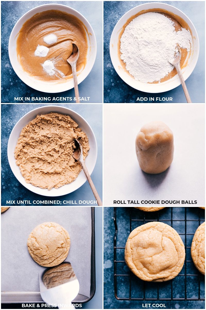 The dry ingredients being added to the wet and mixed together and rolled out and baked.