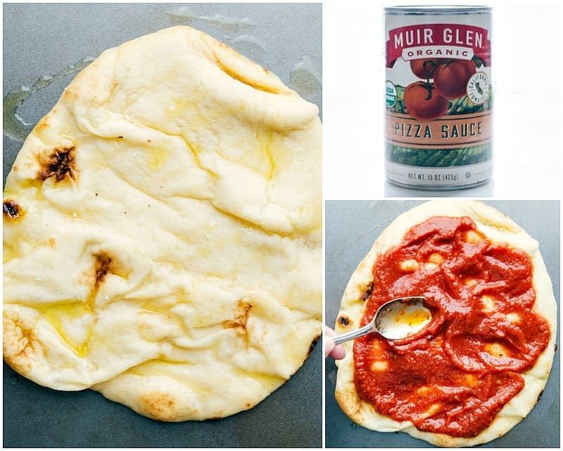 Red sauce being spread evenly on the bread, preparing the base.