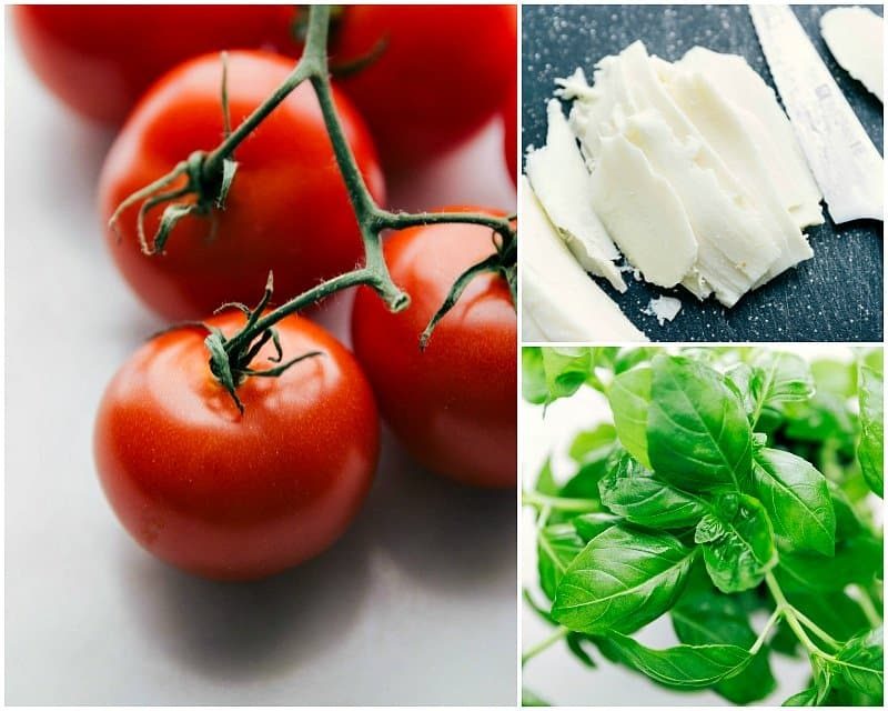 Freshly sliced tomatoes, creamy mozzarella cheese, and fragrant basil leaves, key ingredients for the naan pizza recipe.