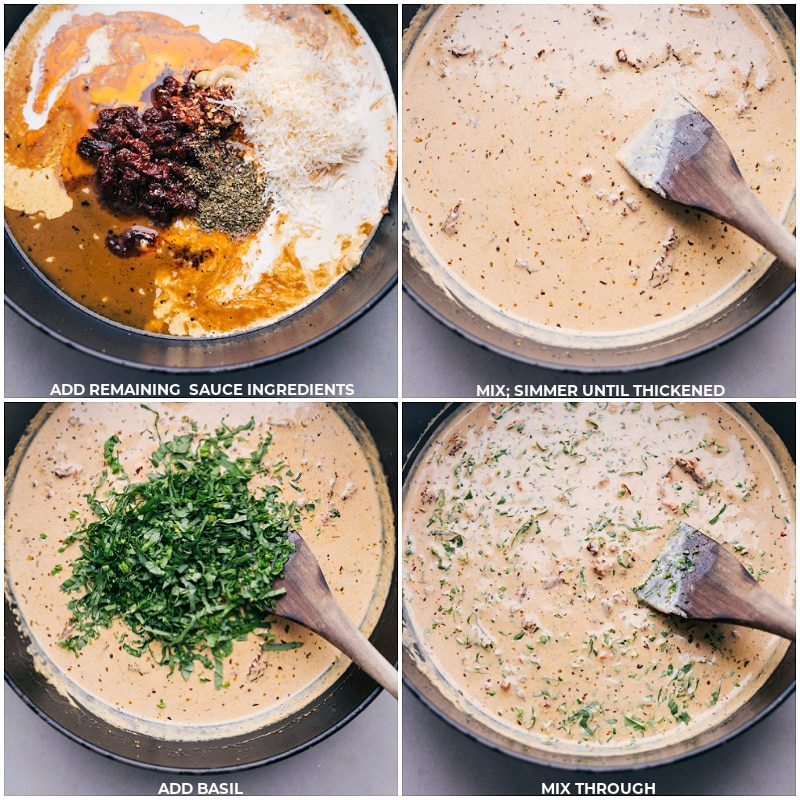 Cream sauce for this marry me chicken recipe being whisked and simmered together.