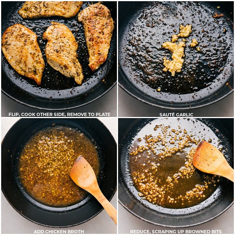 Chicken being cooked to perfection then the garlic and broth added to start the creamy sauce.