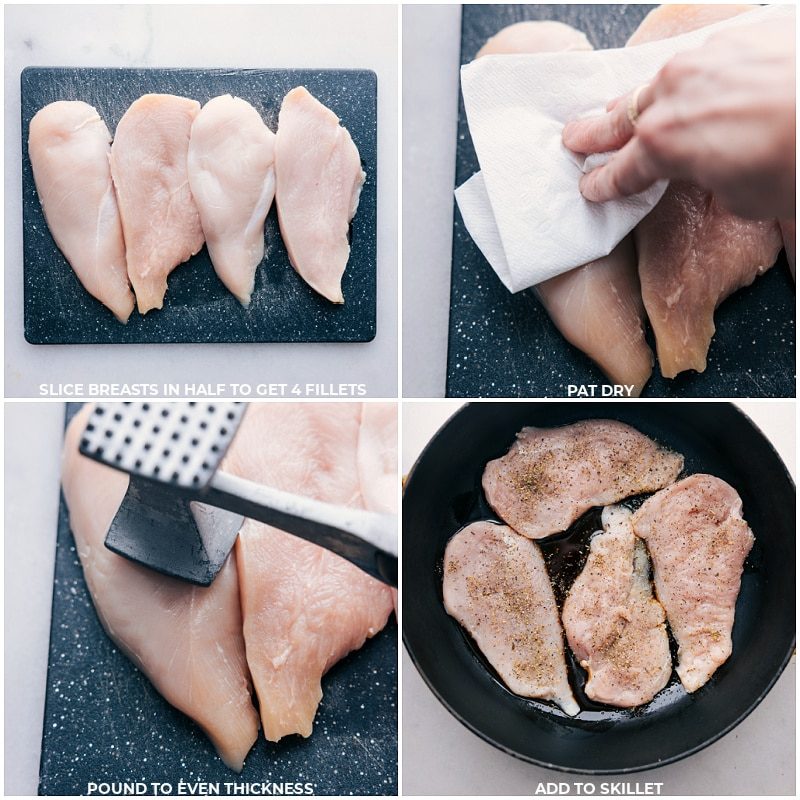 Slice breasts in half to get thinner fillets; pat dry; pound to even thickness; add to skillet for this marry me chicken recipe.