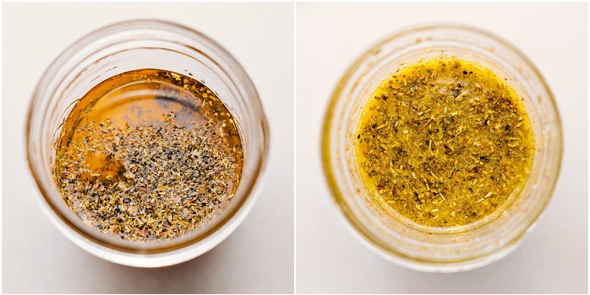 Mixing together the dressing ingredients in a mason jar.