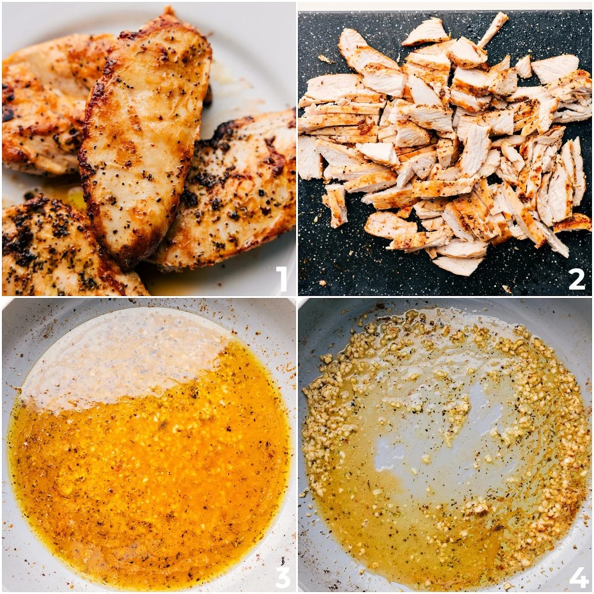 Chopped cooked chicken added to Marry Me Pasta, followed by garlic and broth simmering in the same pan to build a flavorful base.