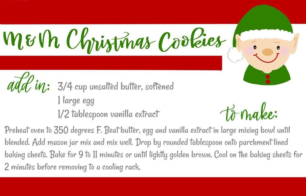 Free printable recipe card to gift out with these M&M Mason Jar Cookies.