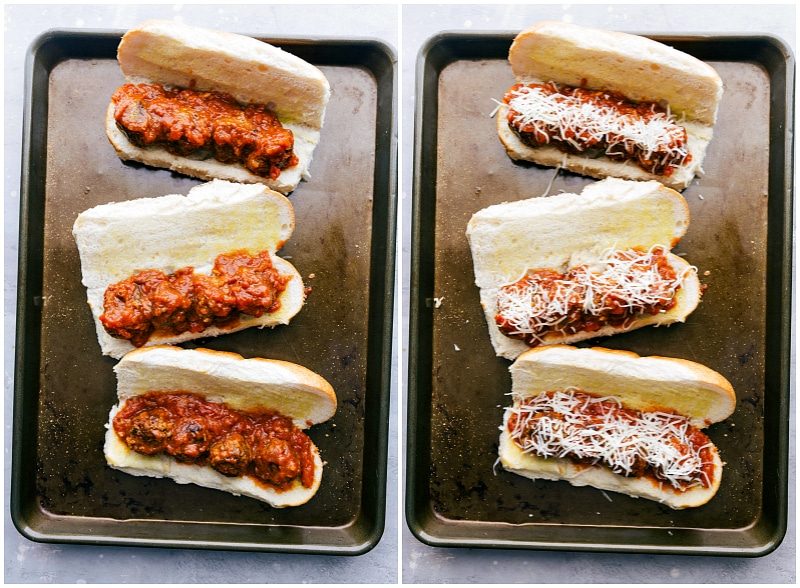 Stuffed buns arranged on a sheet pan, prepared for baking with cheese added on top, setting the stage for the final step in making this satisfying meal.