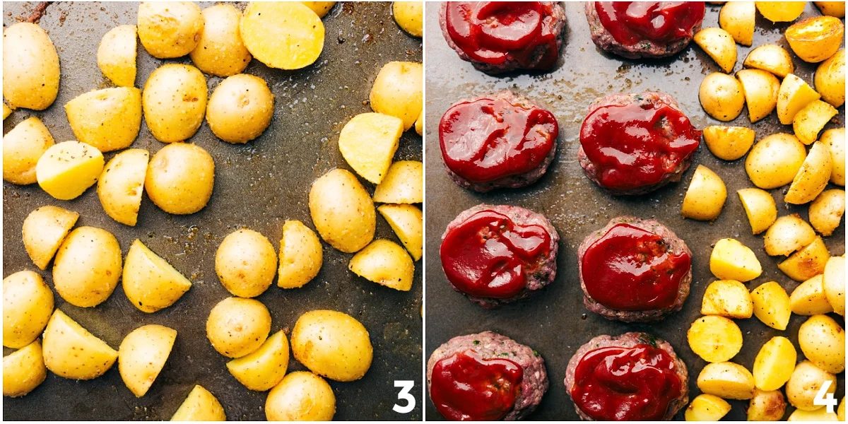 The potatoes chopped, seasoned, and added to the pan along with the meat to roast.