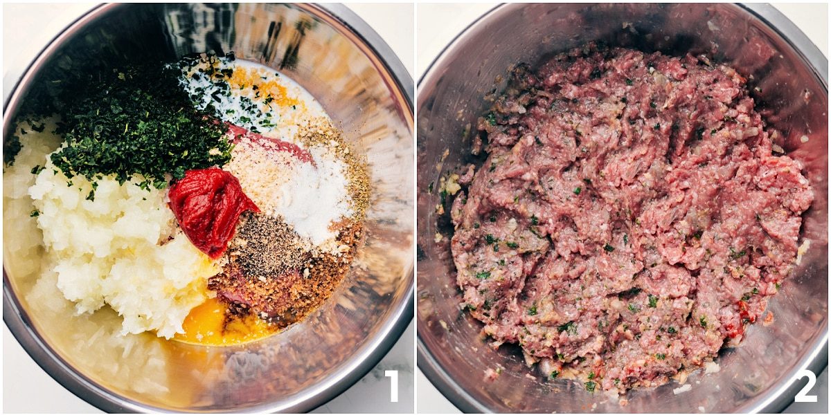 All the ingredients for the Sheet Pan Meatloaf added to a mixing bowl and ready to be combined to create the meatloaf mixture.