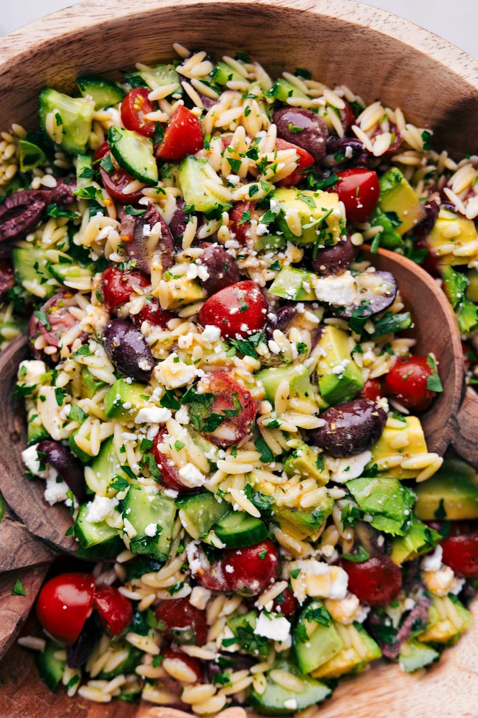 The Mediterranean Orzo Salad in a bowl ready to be served.