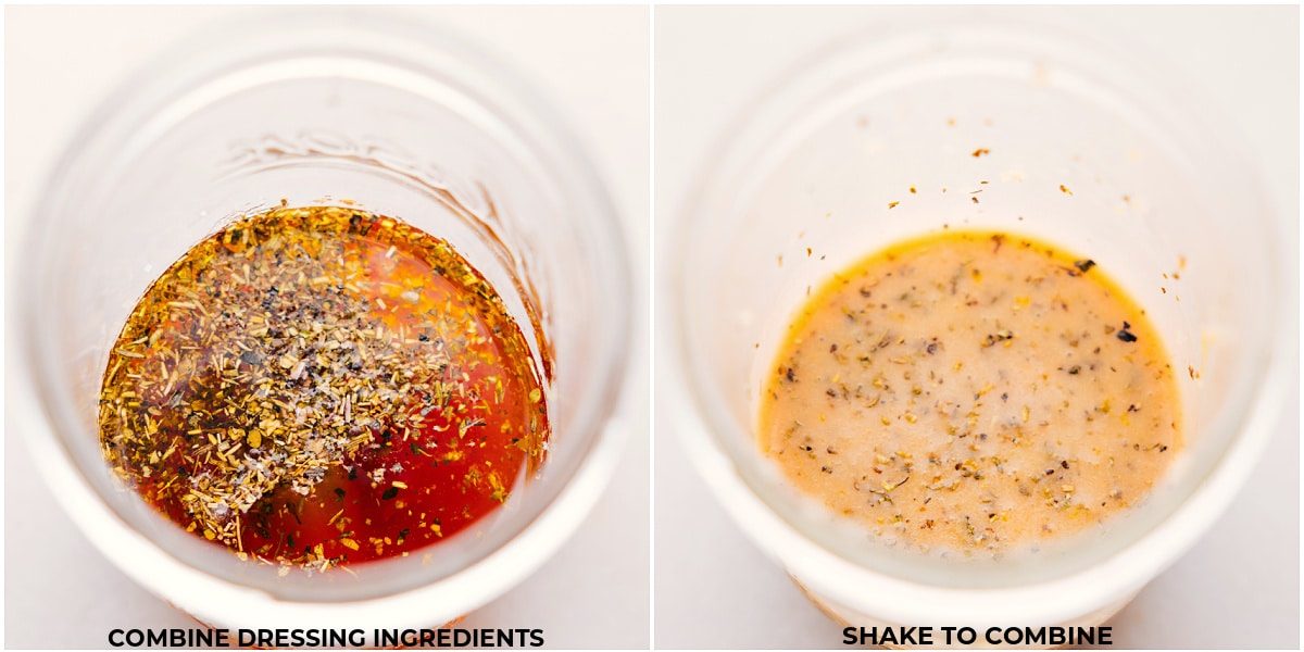 Dressing ingredients before and after combining the ingredients in a mason jar.
