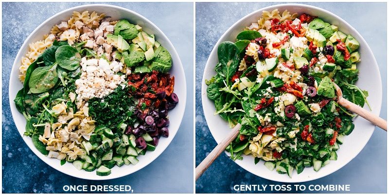 Mediterranean Pasta Salad being mixed together after being dressed.