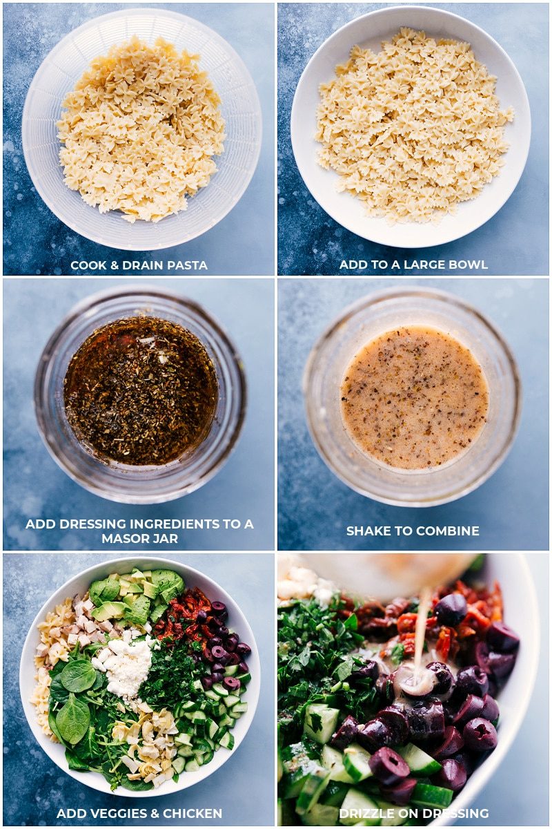 Pasta being drained while the dressing is prepared and drizzled over the Mediterranean pasta salad.