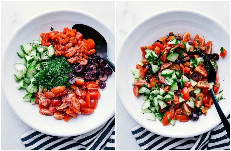 Colorful topping of diced tomatoes, cucumber, olives, roasted red peppers, and fresh parsley to top the potatoes.