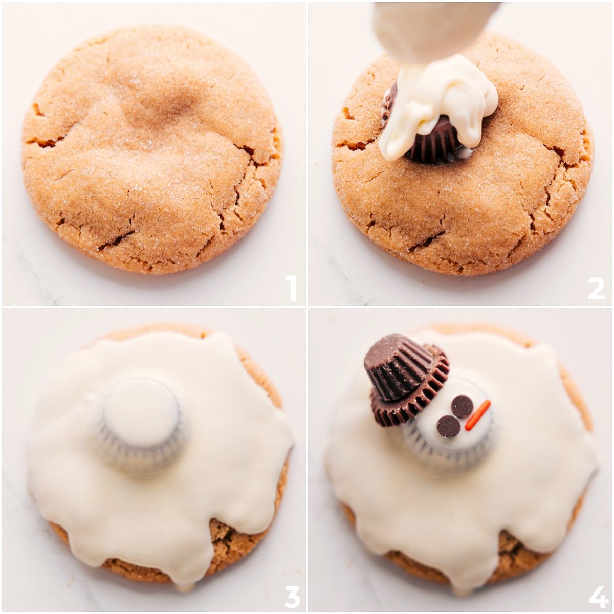 Peanut butter cookies topped with peanut butter cups, drizzled white chocolate, an extra peanut butter cup “hat,” an orange jimmie for a carrot nose, and chocolate chips for eyes.