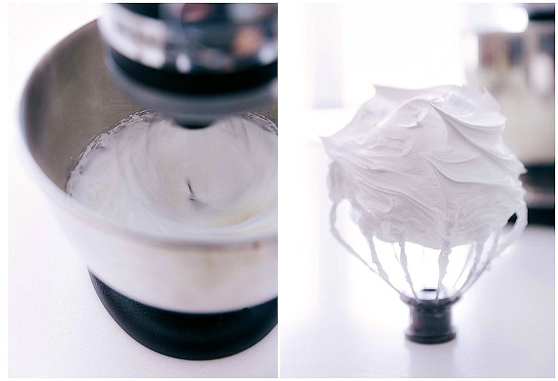 Whipping together the sugar and egg whites to stiff peaks.