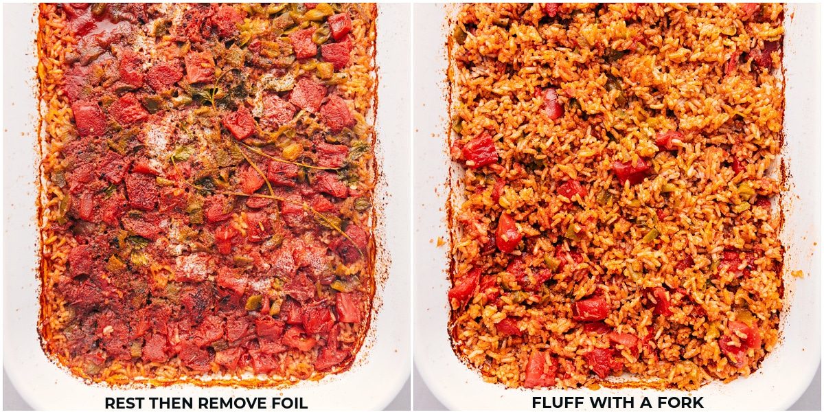 The dish fresh out of the oven being fluffed with a fork.
