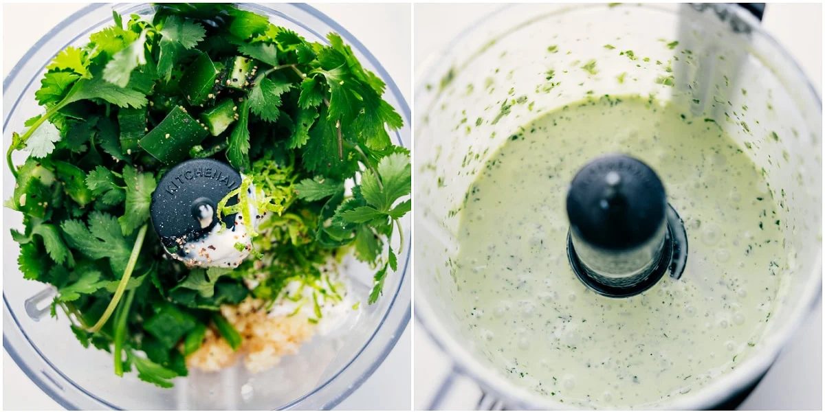 Mexican slaw recipe dressing ingredients blended together in a food processor.