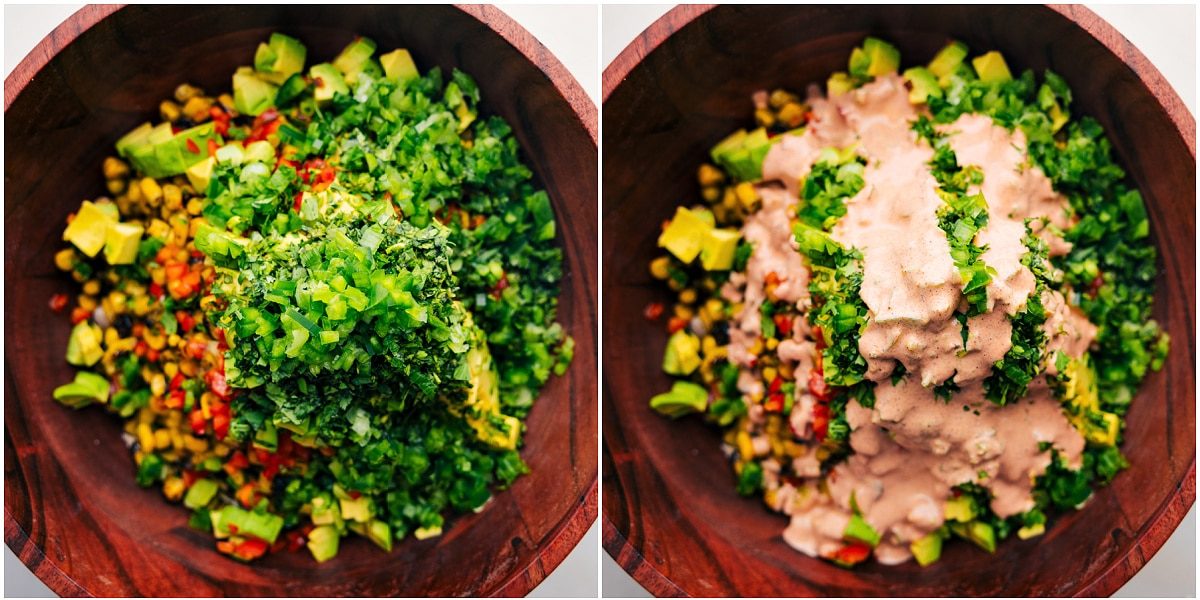 Combining all the ingredients and dressing in one large bowl for this recipe.