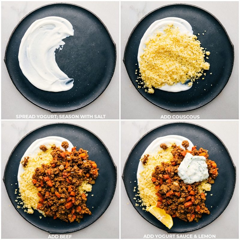 Process shots for assembling the bowls: spread yogurt, add couscous; follow with beef mixture and yogurt mint sauce; finish with lemon