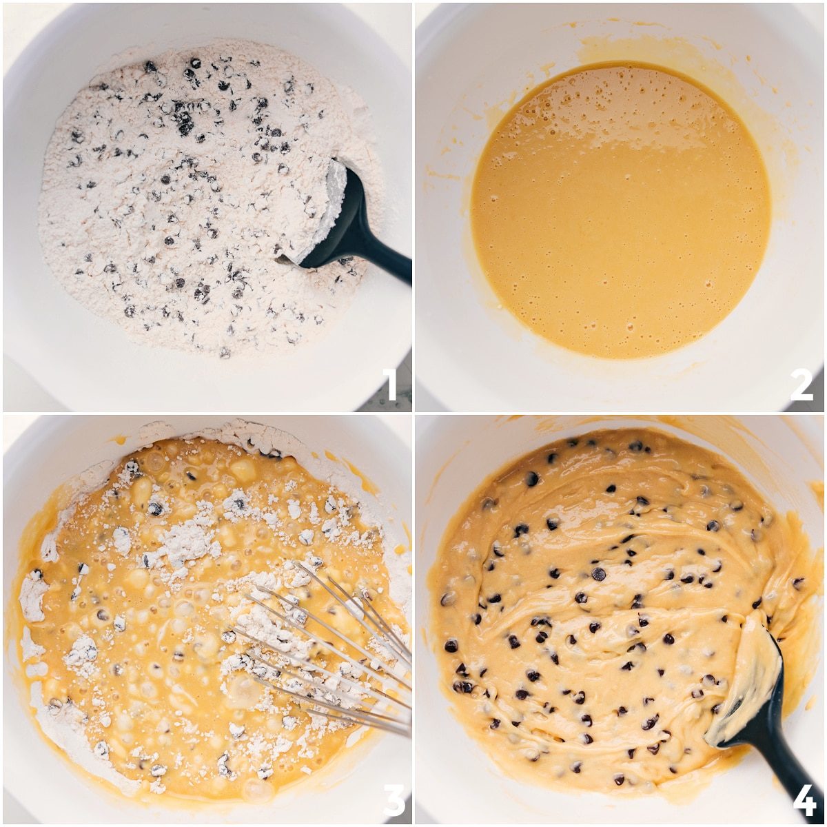 Mixing together the wet and dry ingredients for mini muffin batter.