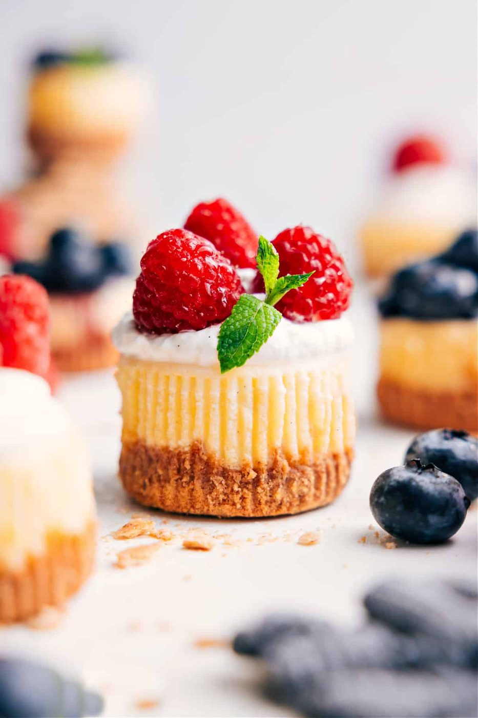 Mini Cheesecake Recipe topped with fresh whipped cream, raspberries, and mint.