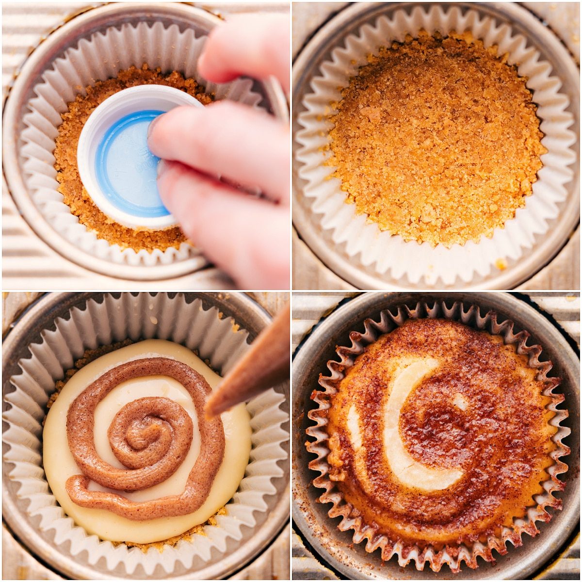 Press the graham cracker crust into a muffin tin, add the cheesecake layer, swirl in the cream cheese cinnamon filling, and bake for reliable cinnamon roll cheesecakes.