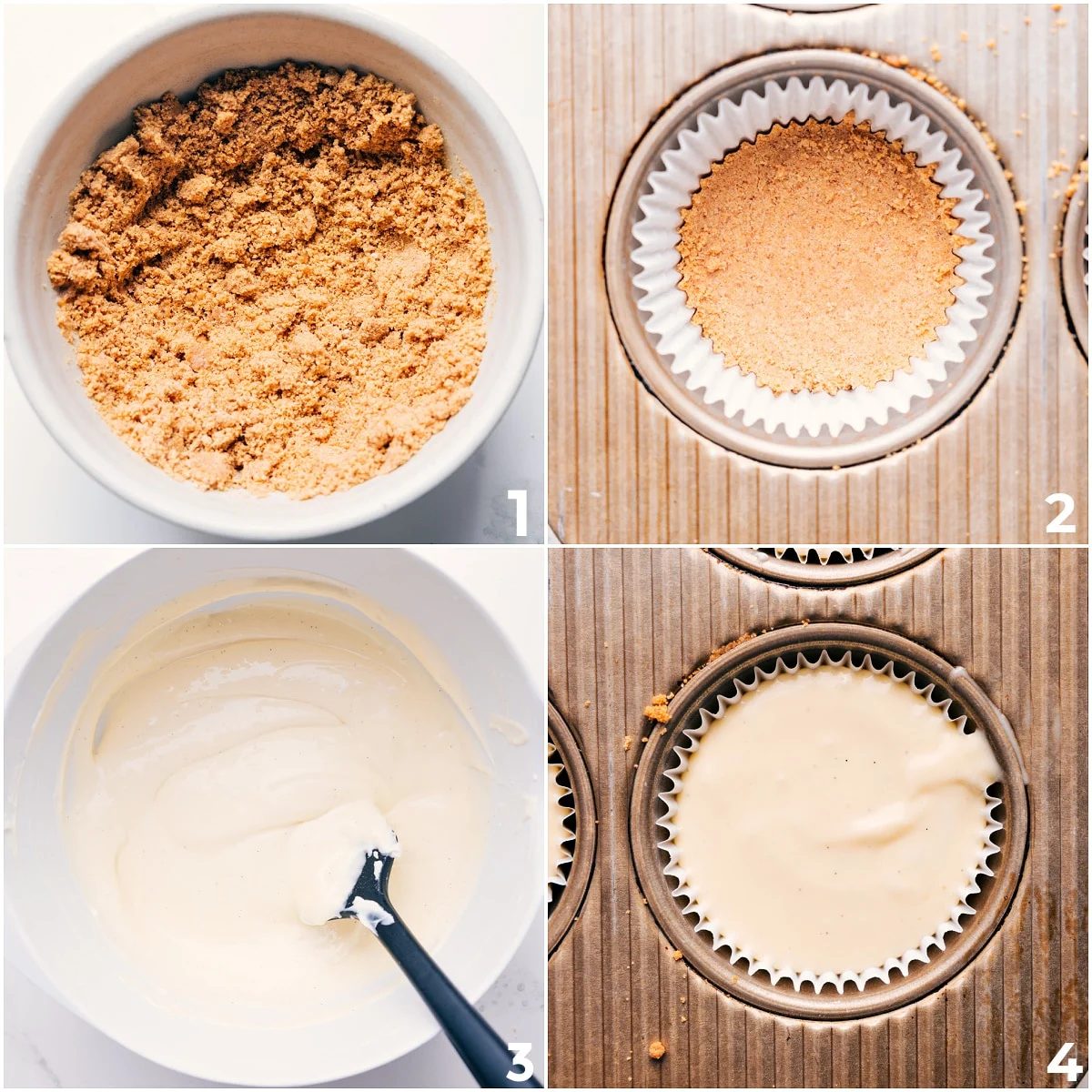 The graham cracker crust being mixed together and pressed into the muffin tins and then the cream cheese filling being mixed together and going in on top fro these mini blueberry cheesecakes.