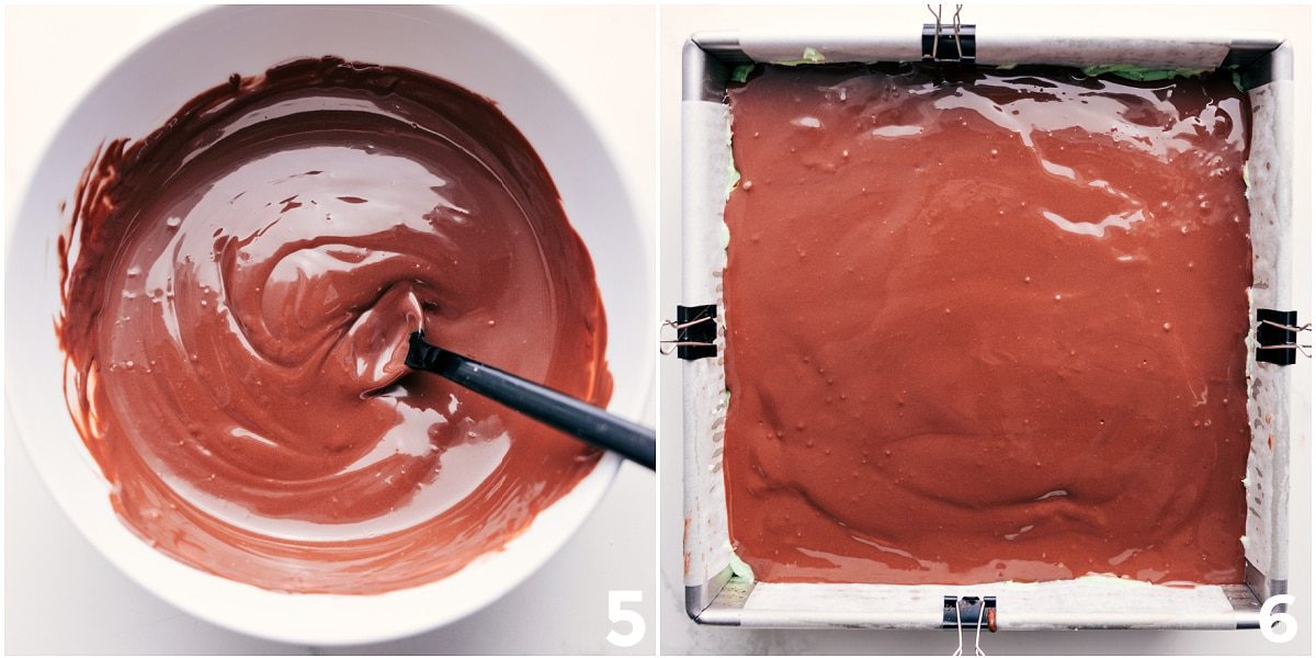 Melted chocolate spread on top of the dessert.