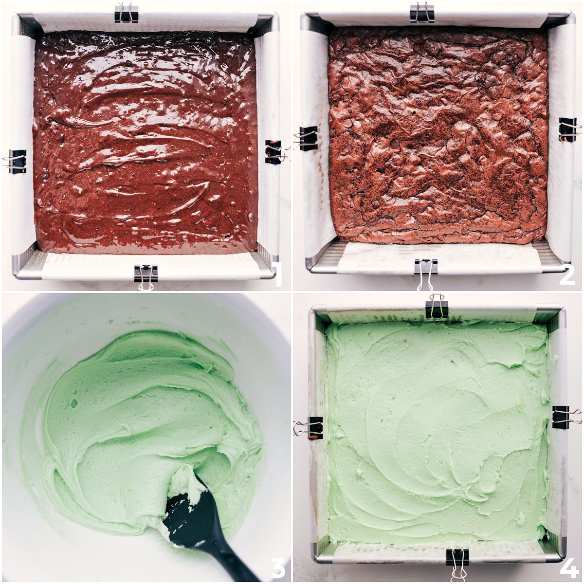 Brownies baked up and the mint frosting mixed together in one bowl for these mint brownies.