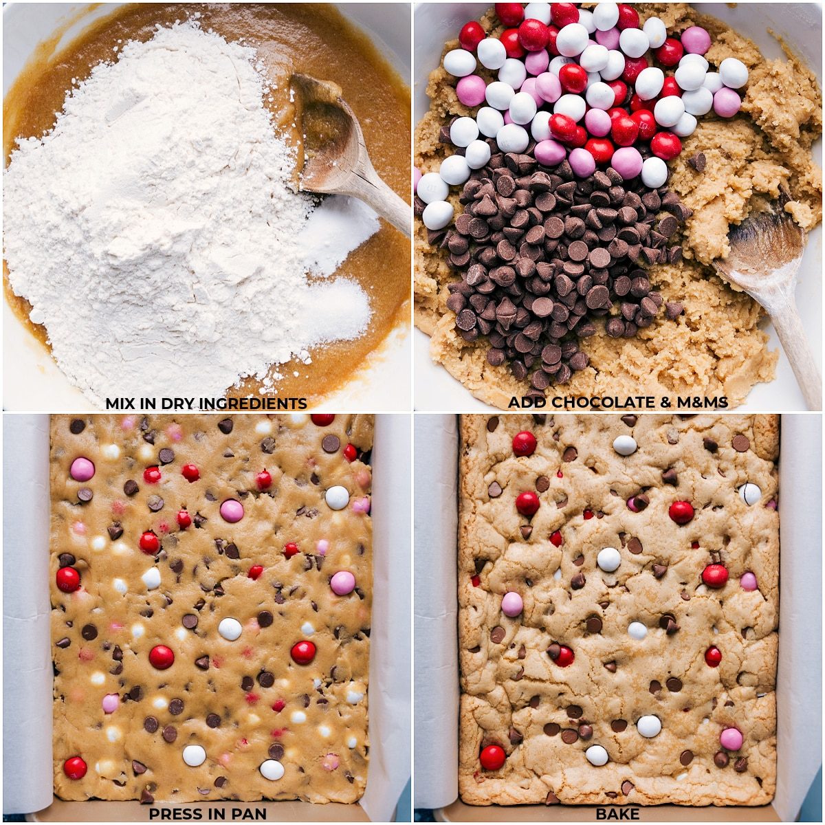 Valentine M&Ms being added to the cookie bars and it all being baked showing this M&M cookie bar recipe is customizable.