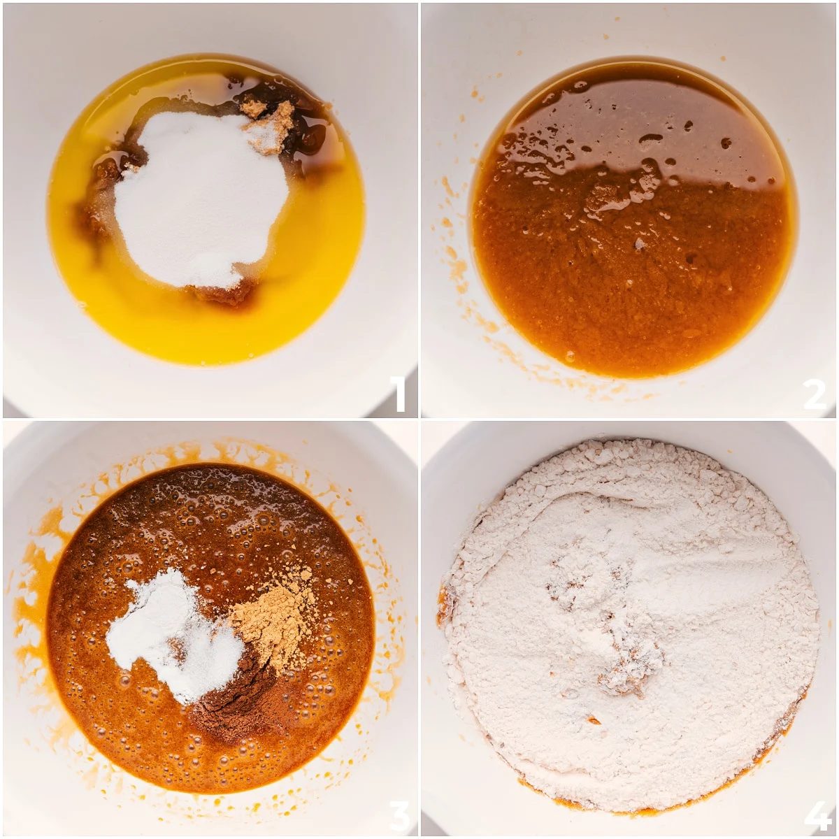 The butter and sugar being mixed together and then the dry ingredients added in for this molasses cookie recipe.