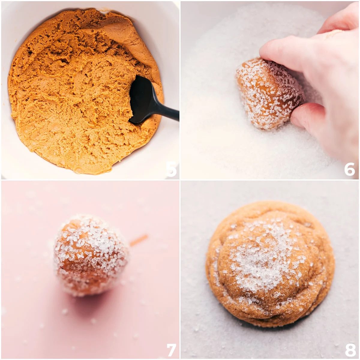 Rolling out dough balls and dipping them in sparkling sugar and baking them.