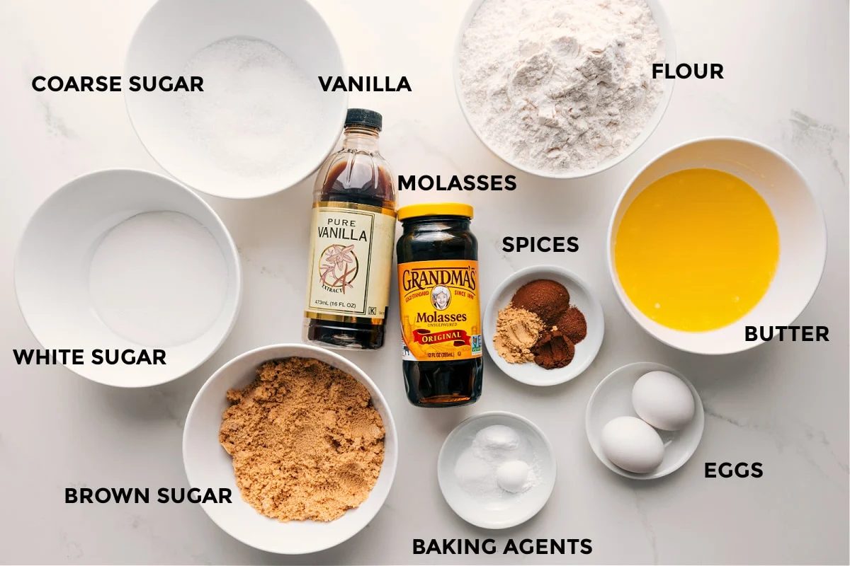 All the ingredients in this recipe prepped out for straightforward assembly including the sugars, vanilla, molasses, spices, baking agents, eggs, butter, and flour.