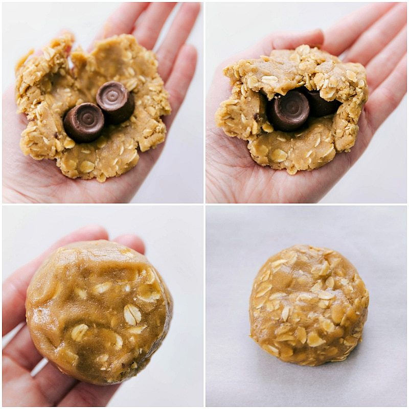 Rolo candies being added to the center of the dough, showing how the dough ball should look with the candy inside for the oatmeal caramel cookies.