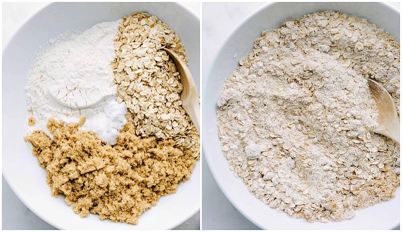 Oats, flour, and brown sugar separated in a bowl, then mixed together for this satisfying and straightforward recipe.