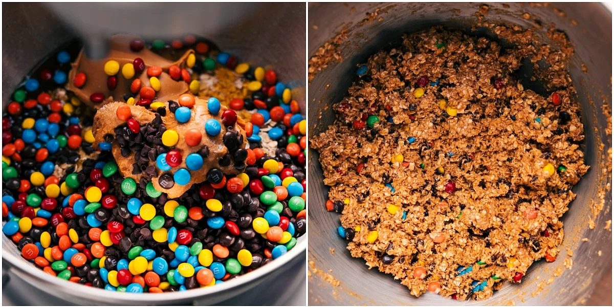 All the ingredients in these monster energy balls combined in a stand mixer to mix it all together.