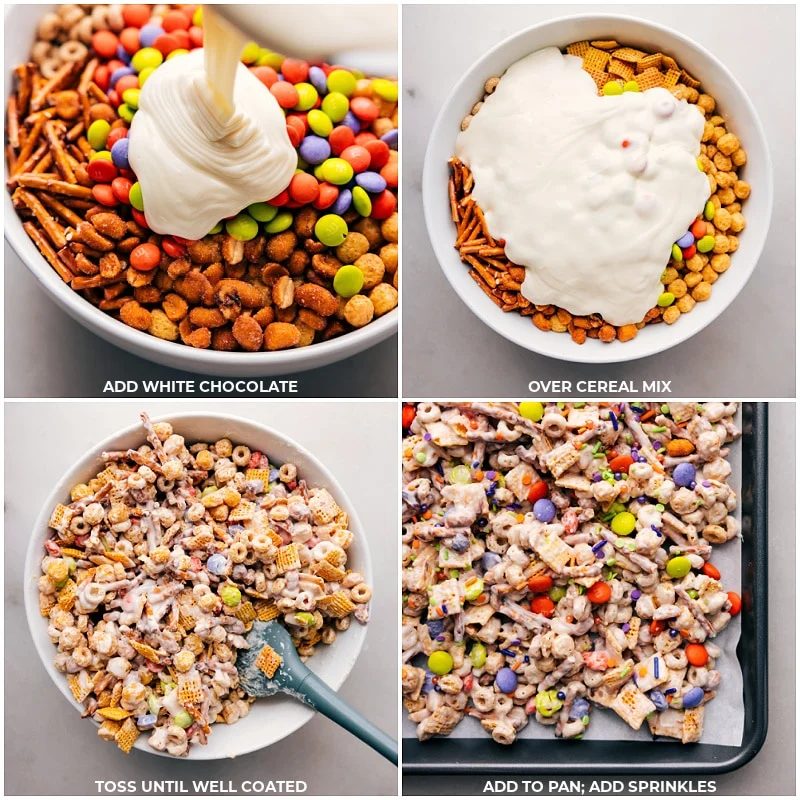 Add white chocolate to the snack mix; toss until well coated; add to pan; top with sprinkles.
