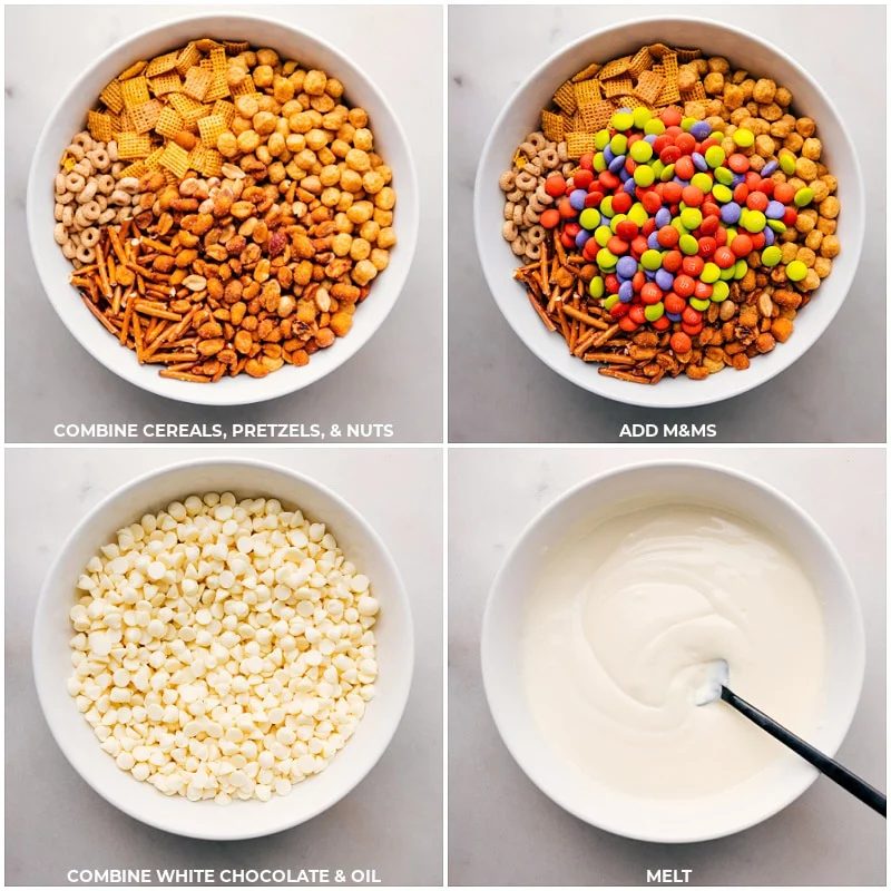 Combine cereals, pretzels and nuts; add M&M's; combine white chocolate and oil; melt to create a smooth mixture for this monster munch.