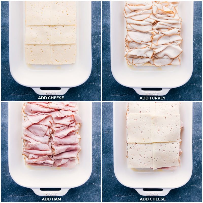 Process shots-- images of the cheese, turkey, and ham being layered in
