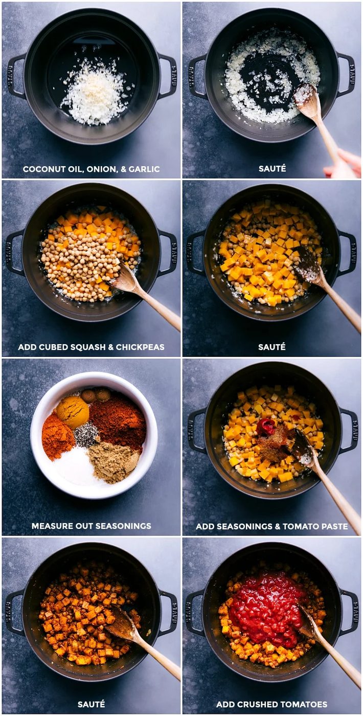 Brown onion and oil in oil; add squash and chickpeas; measure seasonings, tomato paste and add; add crushed tomatoes.
