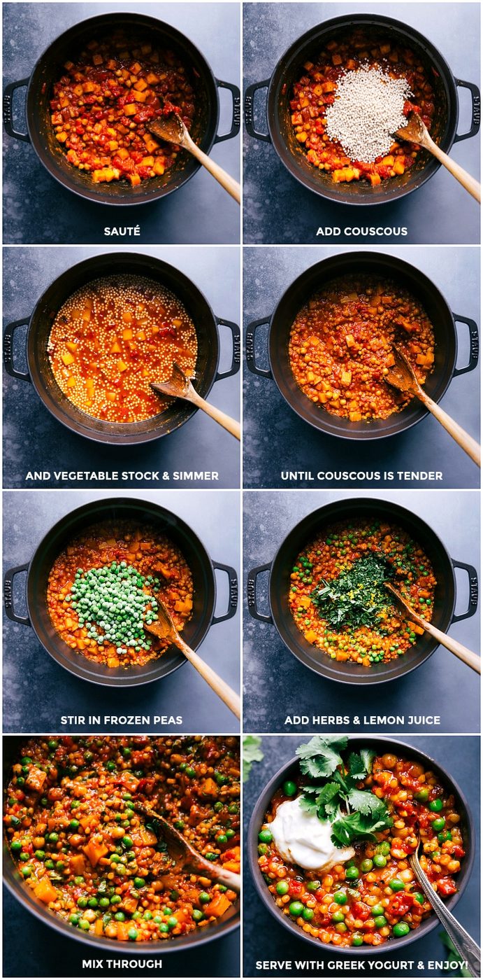 Add couscous to the pan; add stock and simmer; mix in peas, herbs and lemon juice; mix well and serve this Moroccan stew.