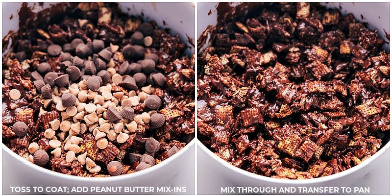Process shots of Muddy Buddy Bars-- images of the mix-ins being added and it all being tossed together