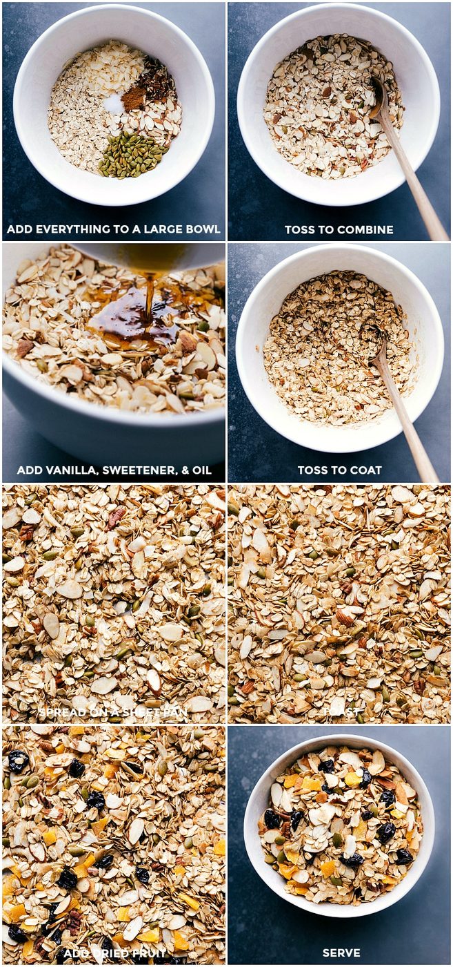 Preparation of from-scratch muesli recipe, with ingredients mixed in a large bowl, spread on a baking sheet for baking, and served with added fruit.