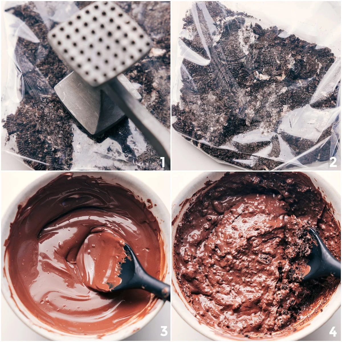Oreos being crushed and stirred into melted chocolate to make a mummy treat.