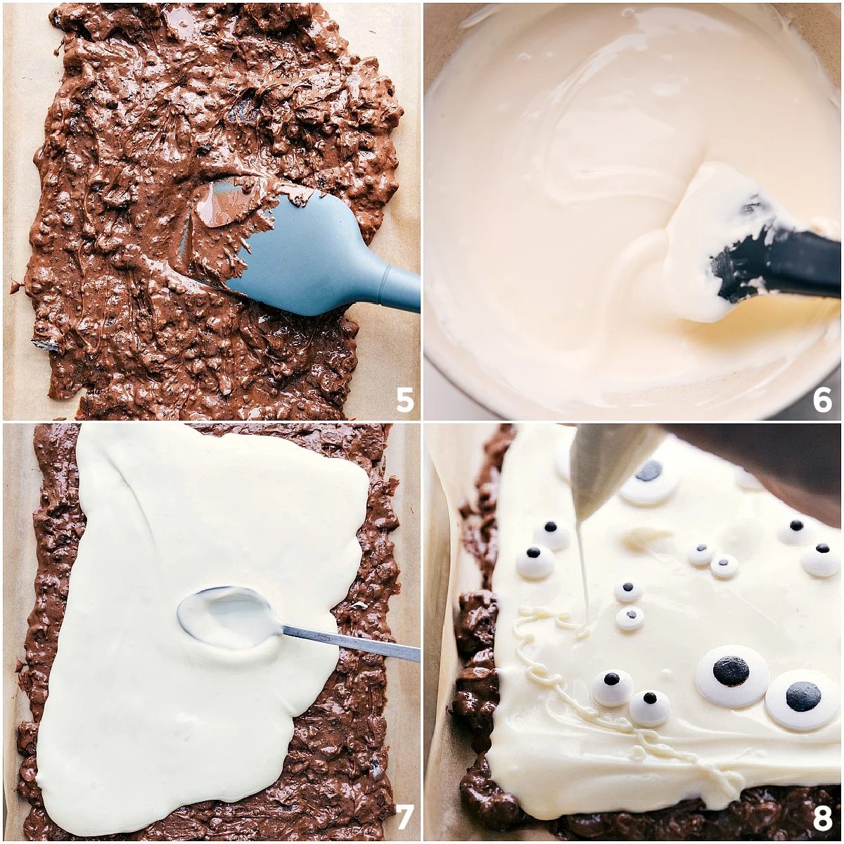 Chocolate mixture spread on a sheet pan, topped with a white chocolate layer, candy eyes, and white chocolate drizzle to make the treat.