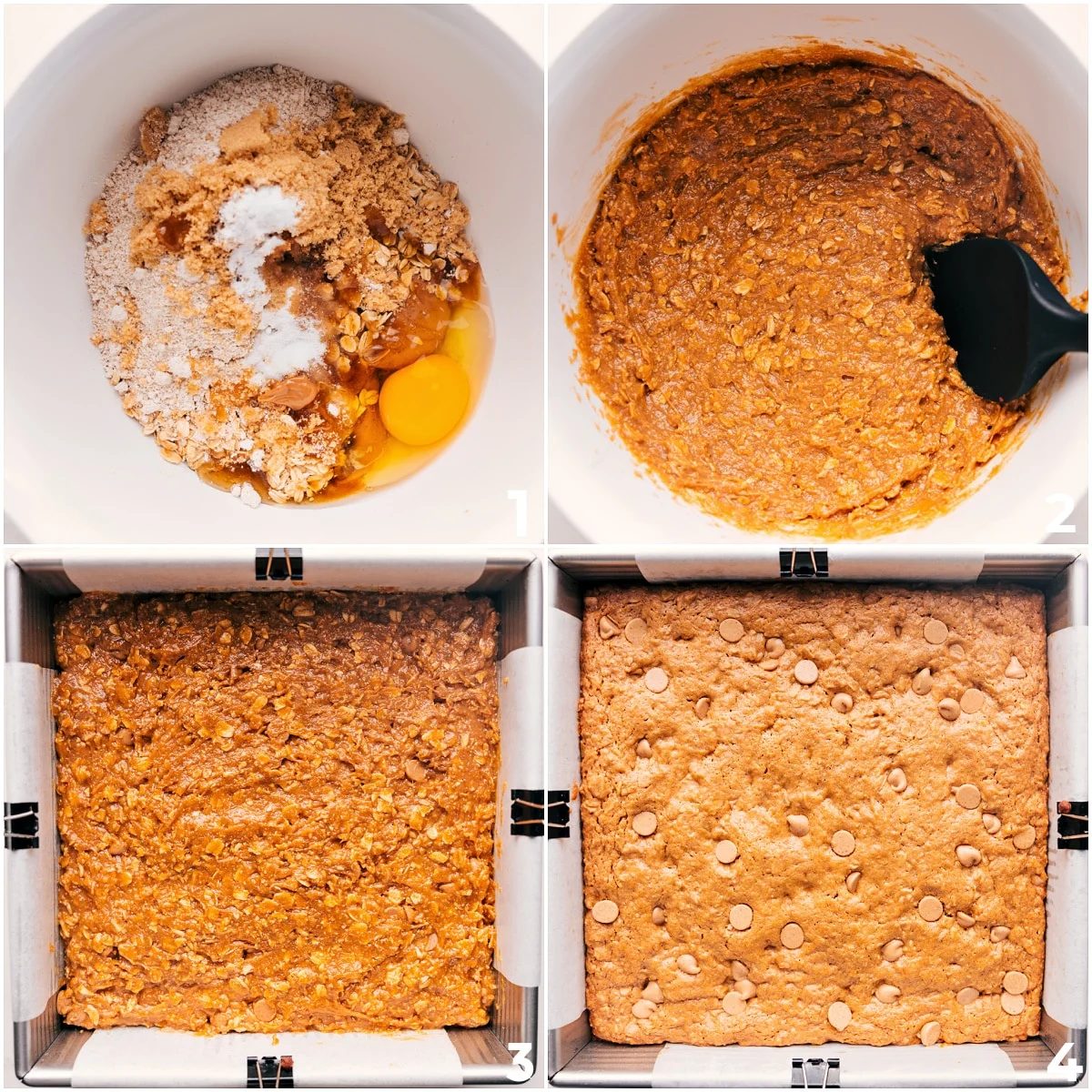 This oatmeal bar recipe ingredients mixed in a bowl and spread into a baking pan.