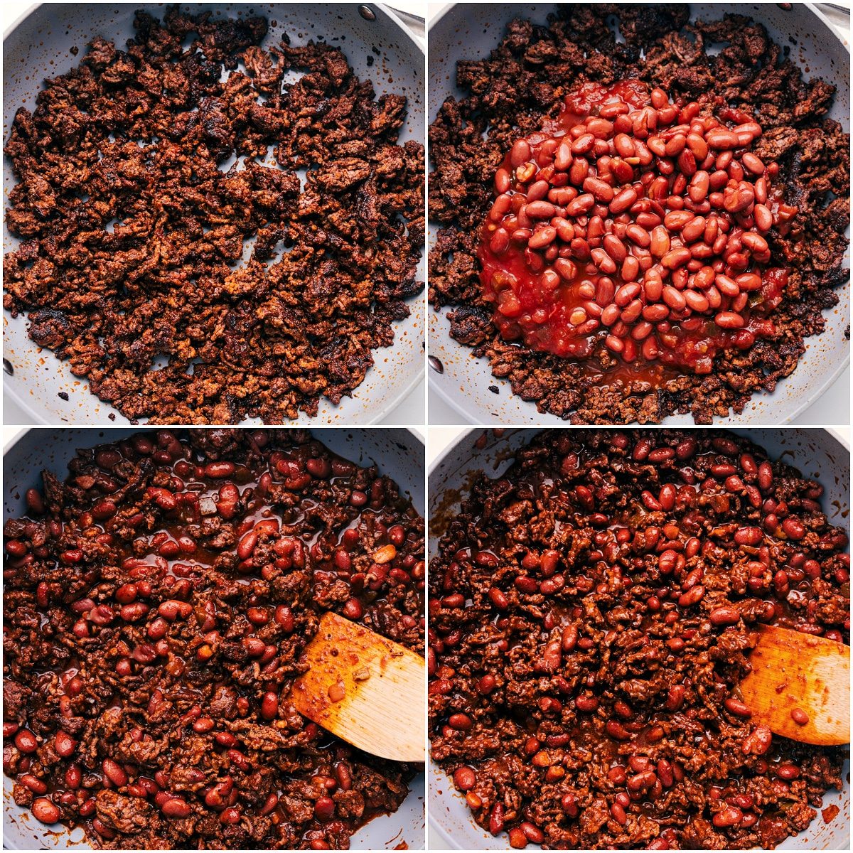 Ground beef browning in a skillet with beans and picante sauce being added in.