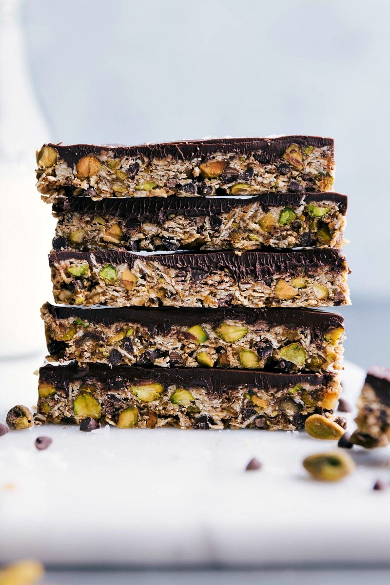 A finished granola bar stacked on top of others, showcasing their healthy and satisfying interior.