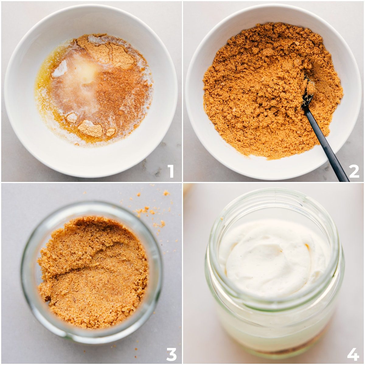 Assembling the jars by adding the crust, followed by the creamy cheesecake layer.